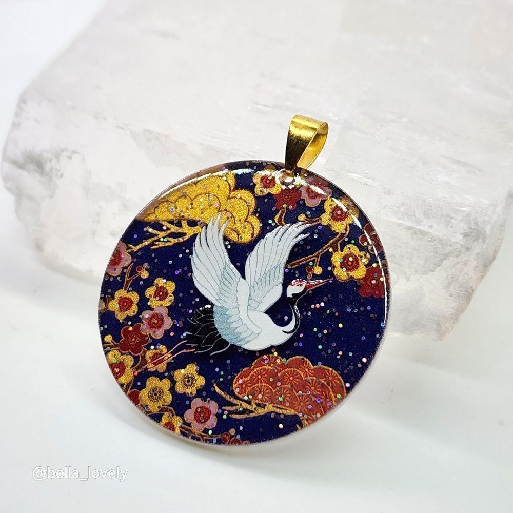 Acrylic Handmade Crane Mixed Flower Blue Round Pendant with Gold Toned Bail